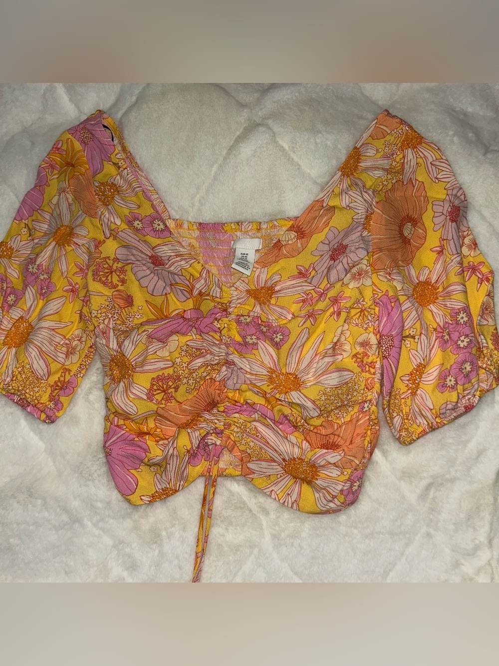 Floral yellow,orange, and pink Ruched V-Neck Crop Top